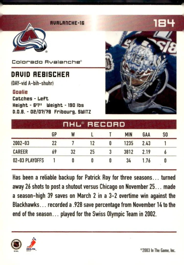 2003-04 In The Game Action #184 David Aebischer (back)