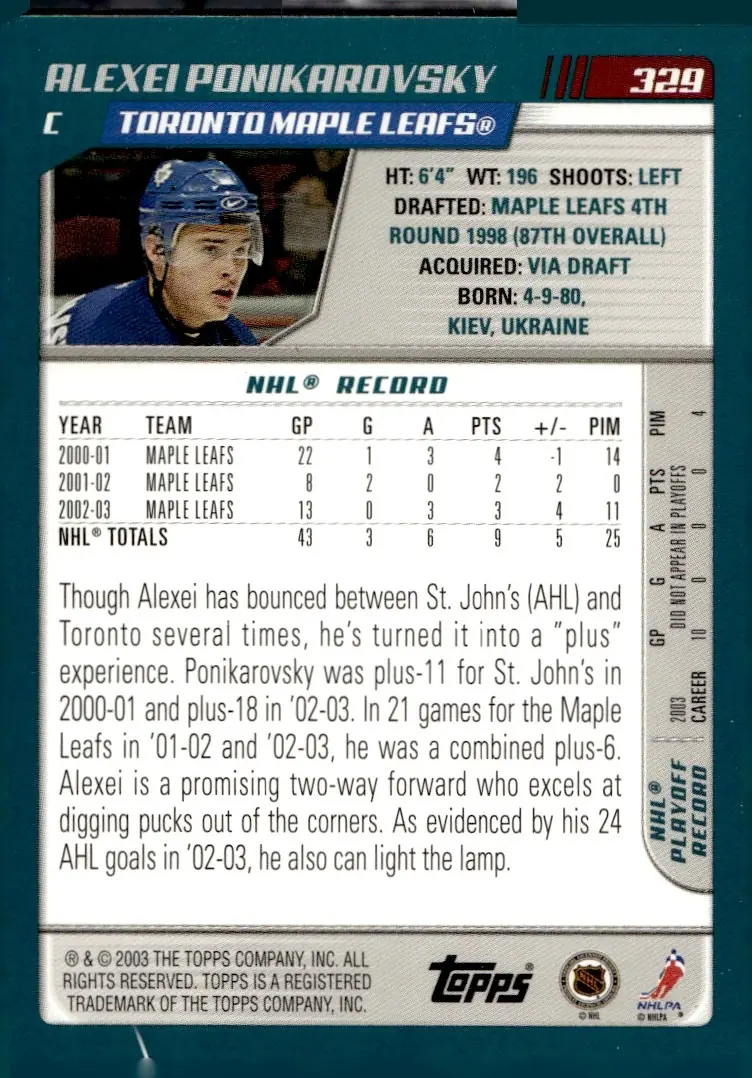 2003-04 Topps #329 Alexei Ponikarovsky (back)