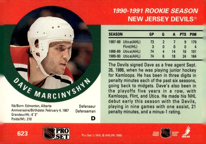 1990-91 Pro Set #623 Dave Marcinyshyn (back)
