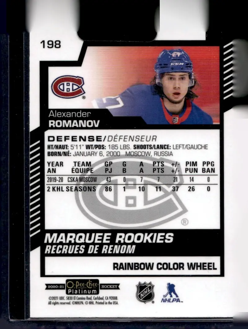 2020-21 O-Pee-Chee Platinum #198 Alexander Romanov – Rainbow Color Wheel (back)