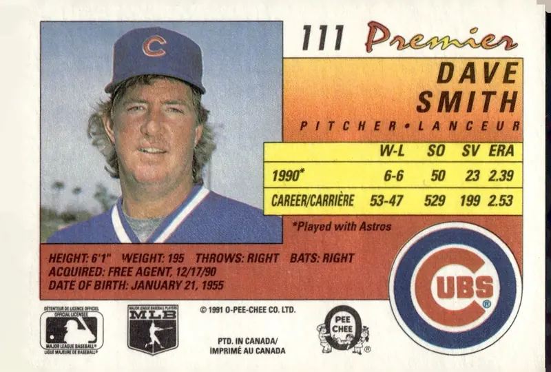 1991 O-Pee-Chee Premier #111 Dave Smith (back)