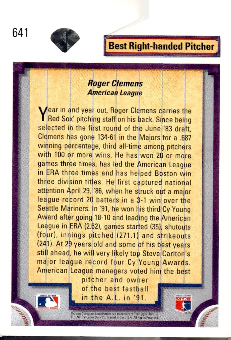 1992 Upper Deck #641 Roger Clemens (back)