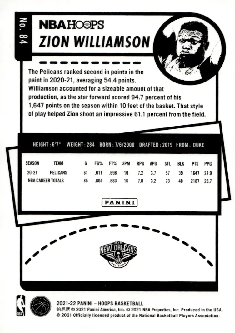 2021-22 NBA Hoops #84 Zion Williamson (back)