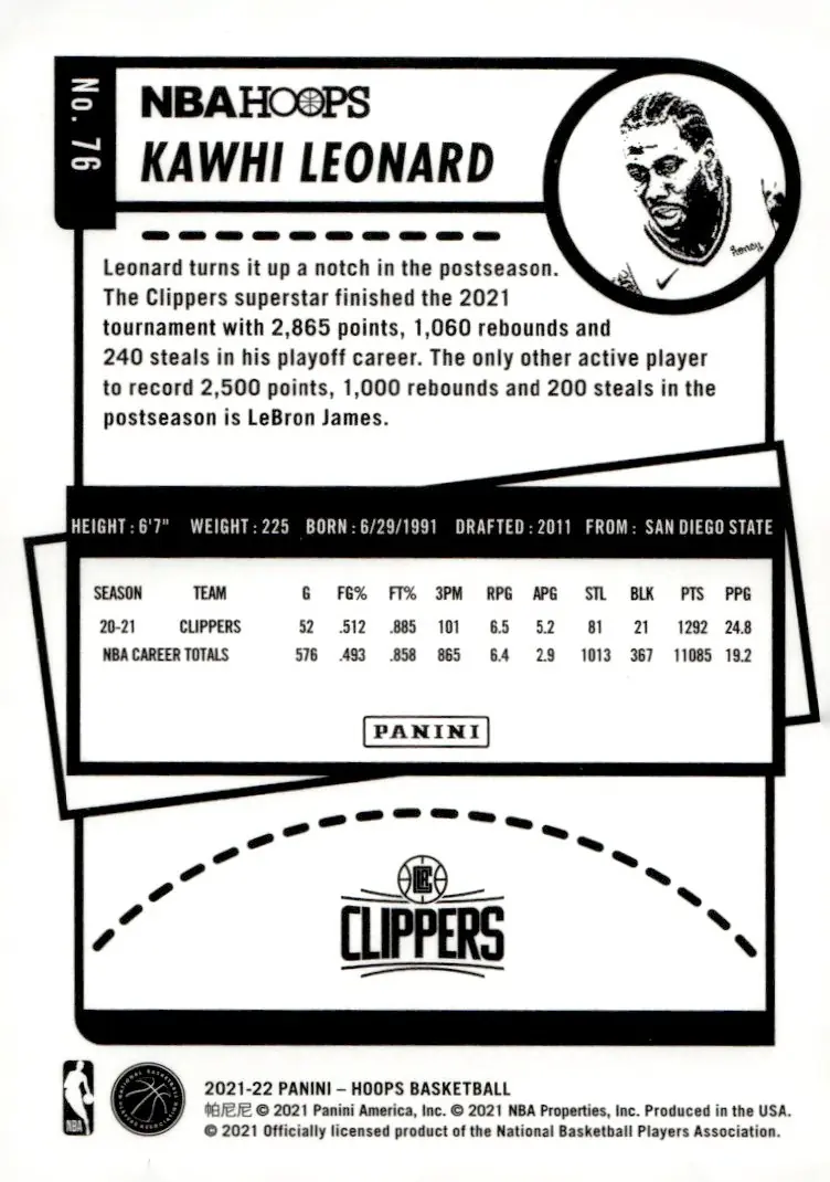2021-22 NBA Hoops #76 Kawhi Leonard (back)