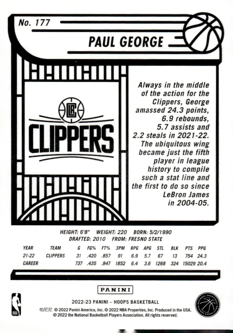 2022-23 NBA Hoops #177 Paul George (back)