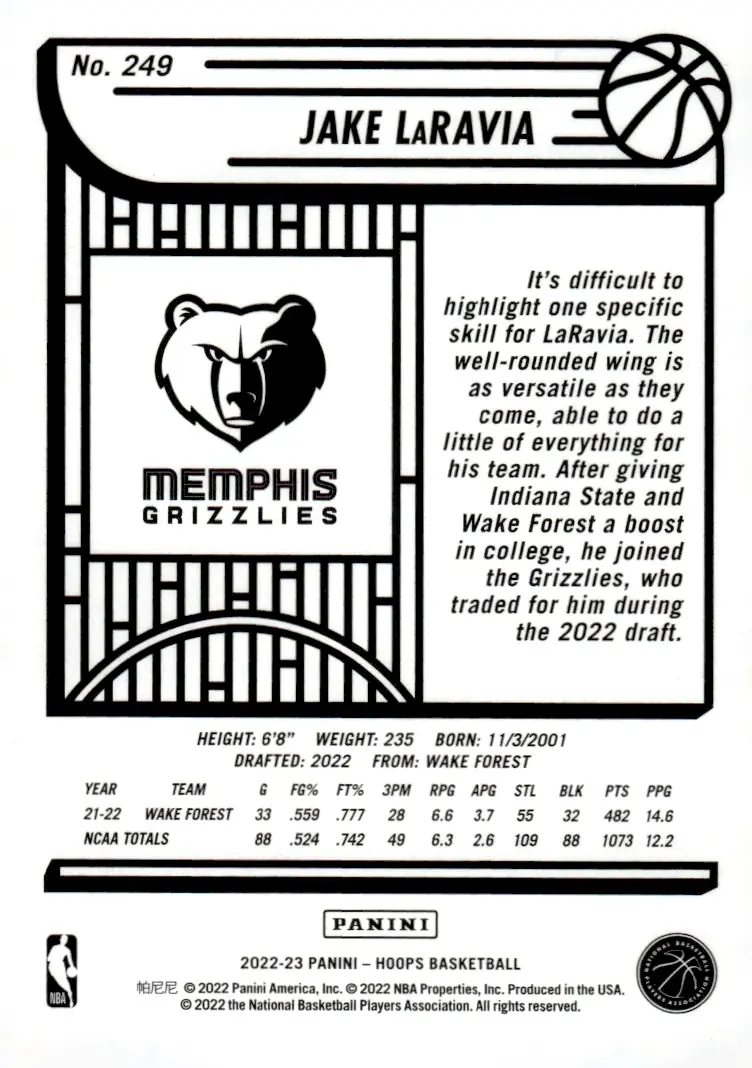 2022-23 NBA Hoops #249 Jake LaRavia (back)