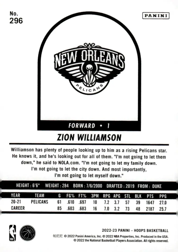 2022-23 NBA Hoops #296 Zion Williamson (back)
