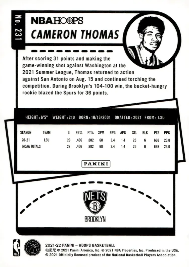 2021-22 NBA Hoops #231 Cameron Thomas (back)