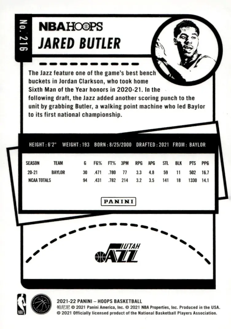 2021-22 NBA Hoops #216 Jared Butler (back)