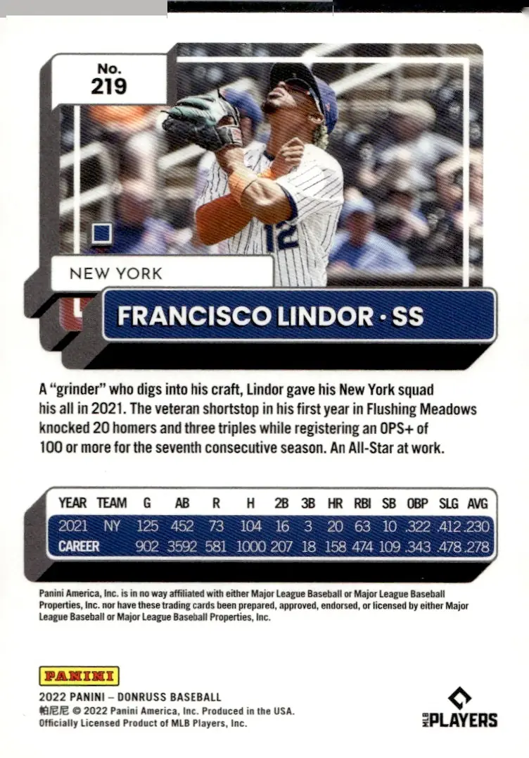 2022 Donruss #219 Francisco Lindor (back)