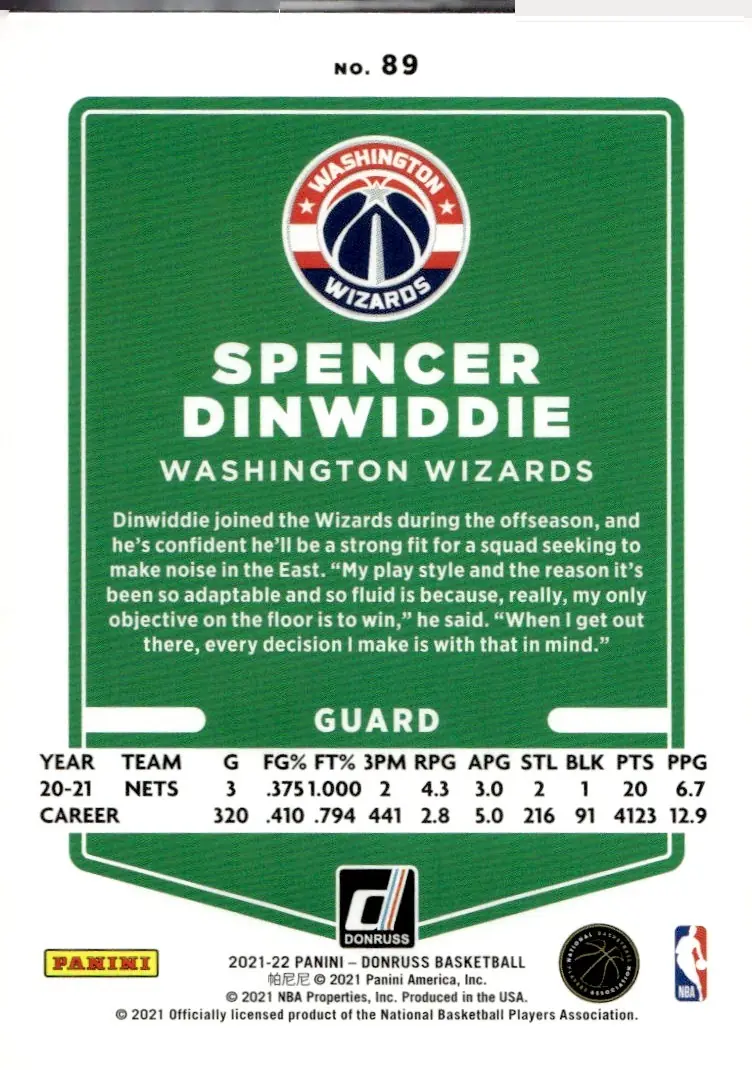 2021-22 Donruss #89 Spencer Dinwiddie (back)
