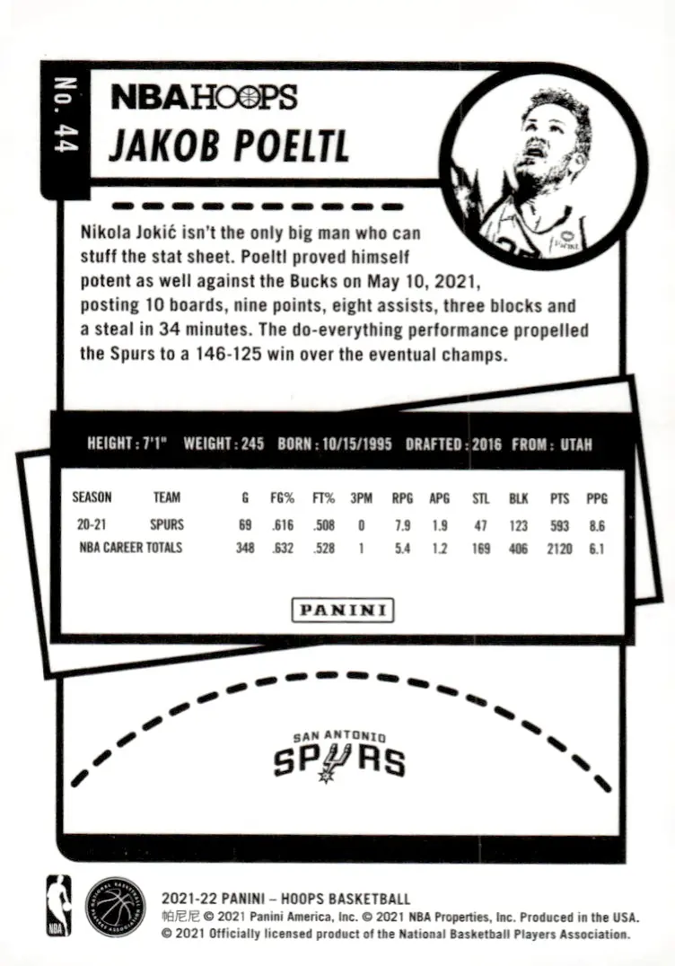 2021-22 NBA Hoops #44 Jakob Poeltl (back)