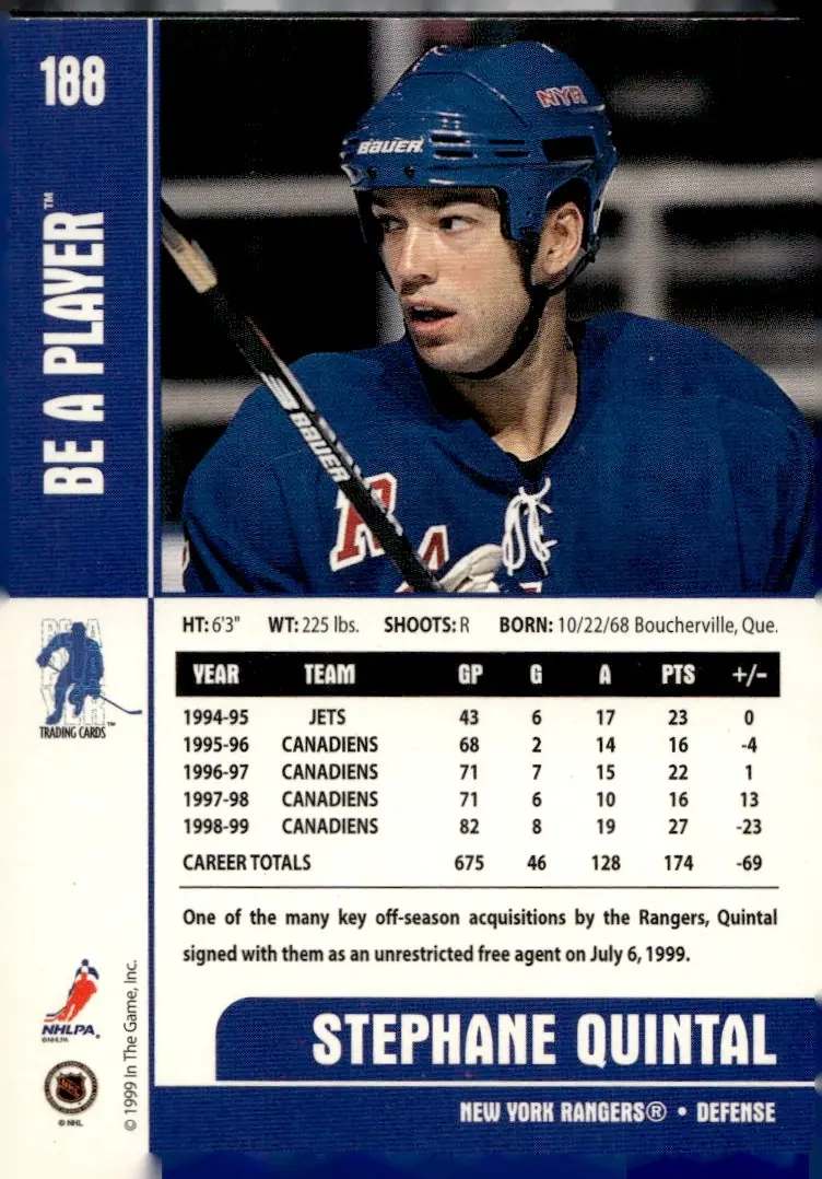 1999-00 Be A Player Memorabilia #188 Stephane Quintal (back)