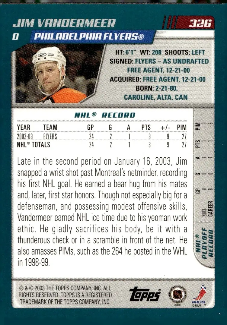 2003-04 Topps #326 Jim Vandermeer (back)