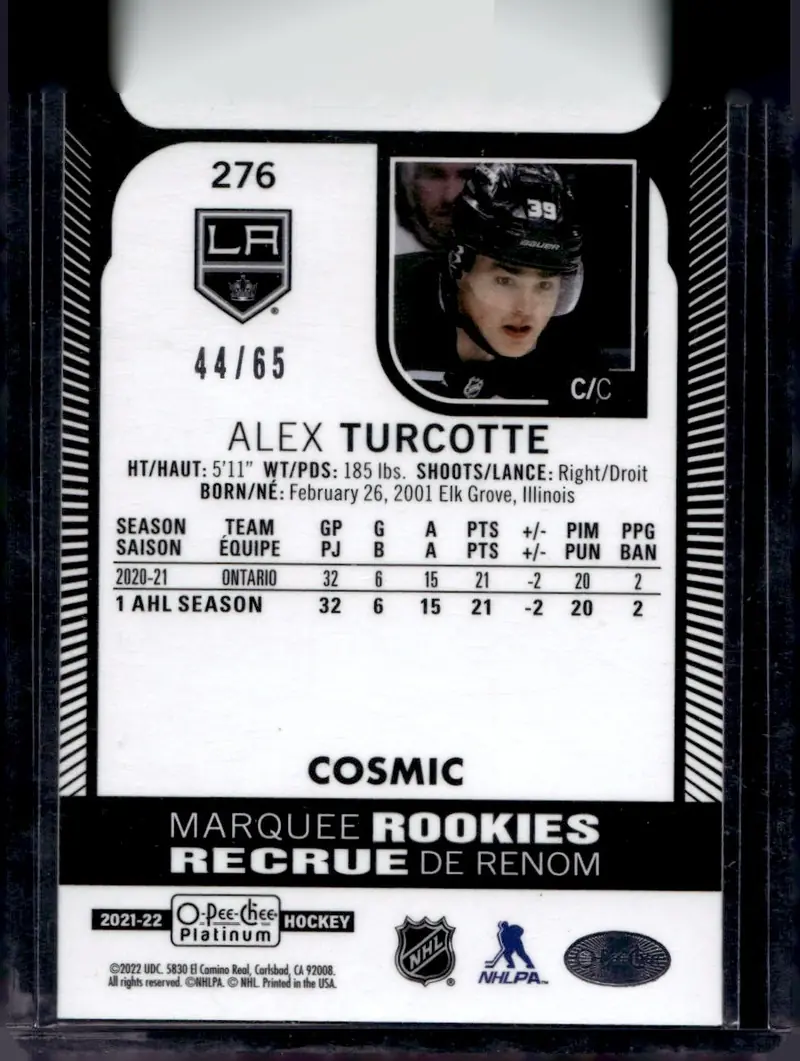 2021-22 O-Pee-Chee Platinum #276 Alex Turcotte – Cosmic (back)