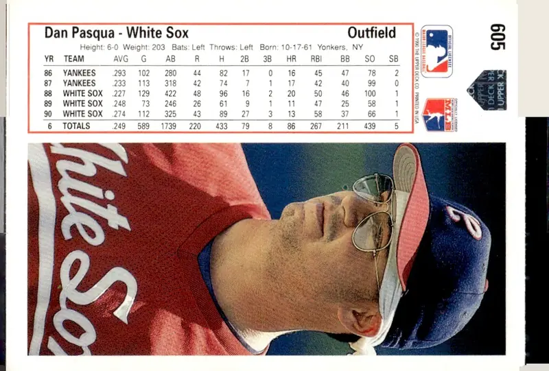 1991 Upper Deck #605 Dan Pasqua (back)