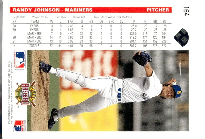 1992 Upper Deck #164 Randy Johnson (back)