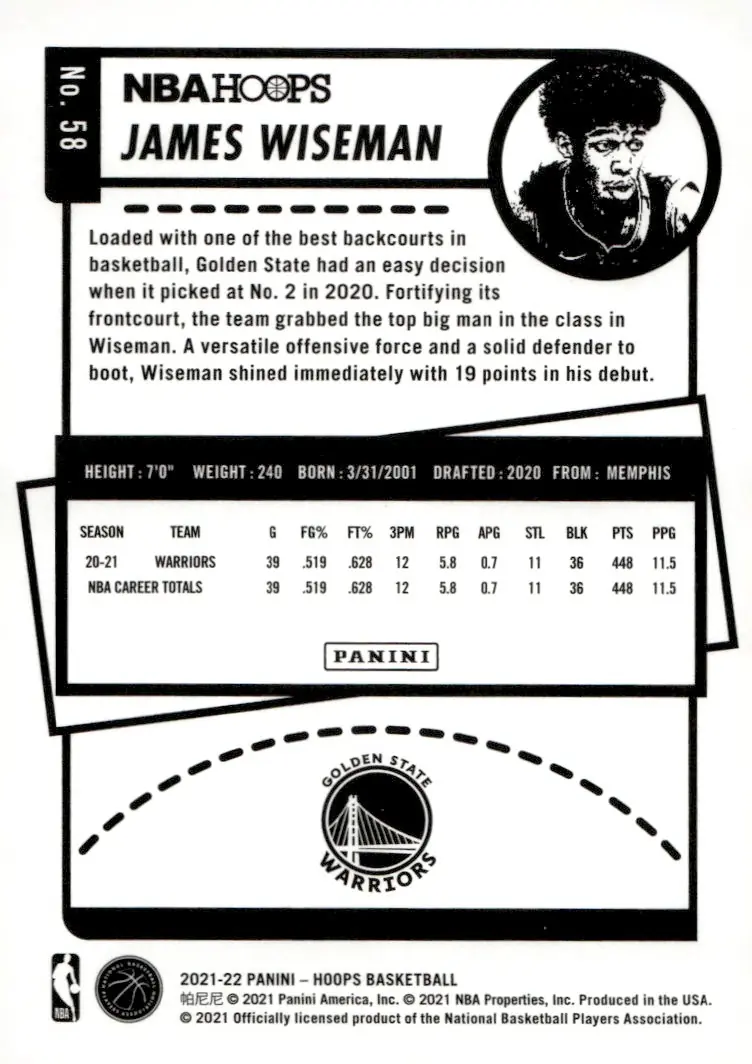 2021-22 NBA Hoops #58 James Wiseman (back)