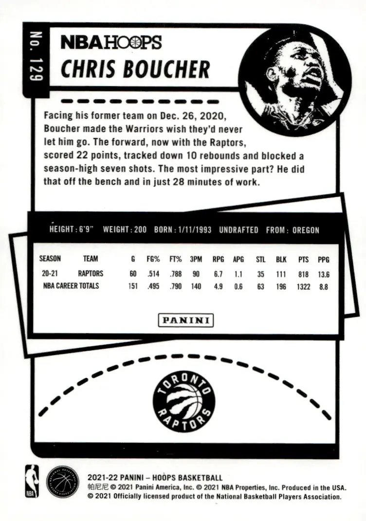 2021-22 NBA Hoops #129 Chris Boucher (back)