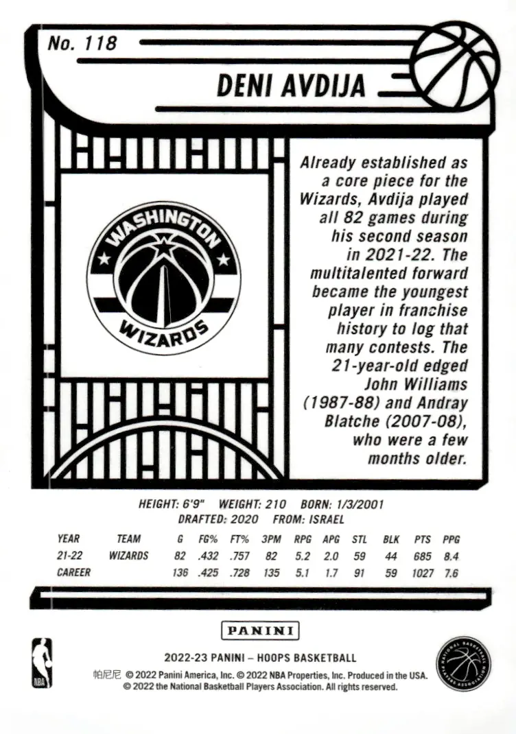 2022-23 NBA Hoops #118 Deni Avdija (back)