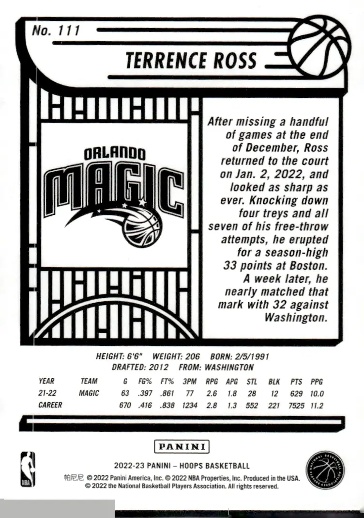 2022-23 NBA Hoops #111 Terrence Ross (back)