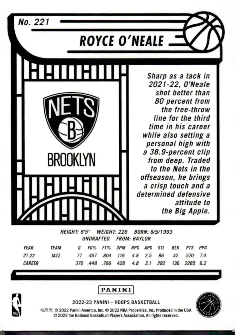 2022-23 NBA Hoops #221 Royce O'Neale (back)