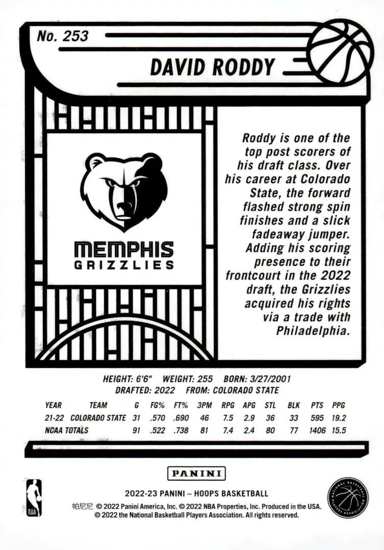 2022-23 NBA Hoops #253 David Roddy (back)