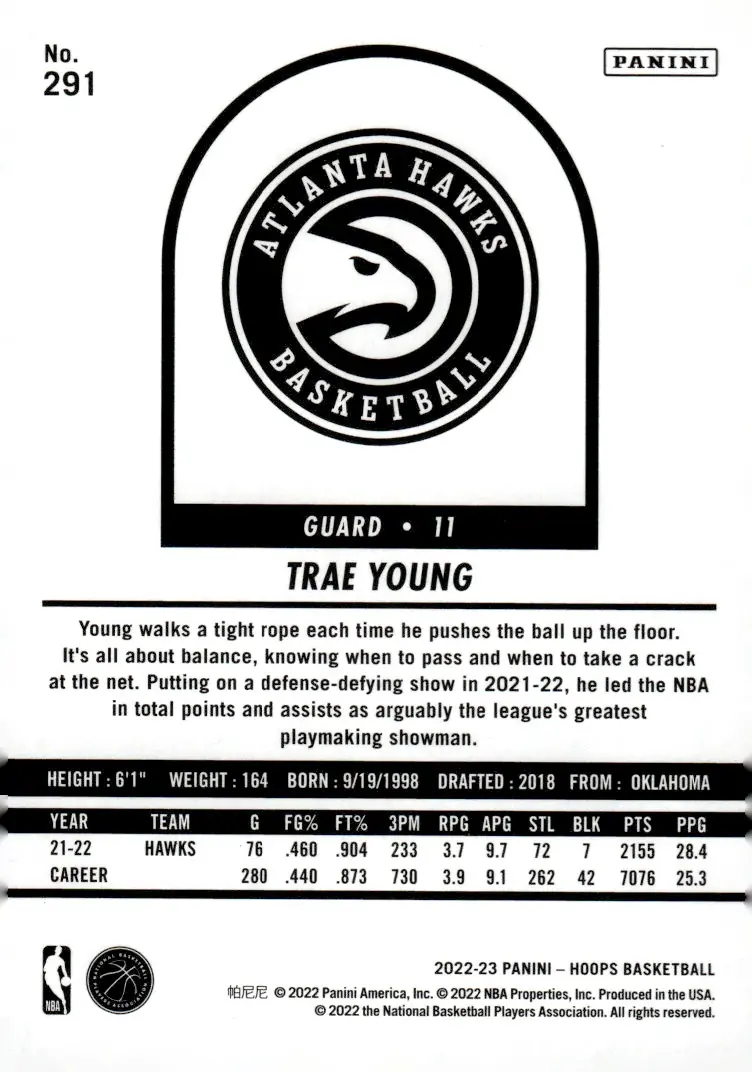 2022-23 NBA Hoops #291 Trae Young (back)