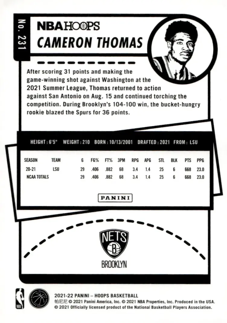 2021-22 NBA Hoops #231 Cameron Thomas (back)