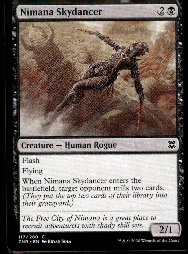 2020 Zendikar Rising (ZNR) #117/280 Nimana Skydancer (Creature — Human Rogue, 2/1); art by Bryan Sola (front)
