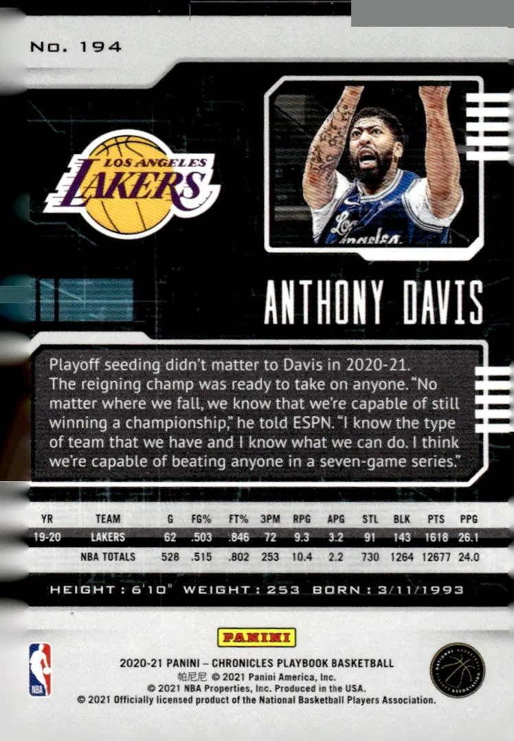 2020-21 Chronicles Basketball #194 Anthony Davis (back)