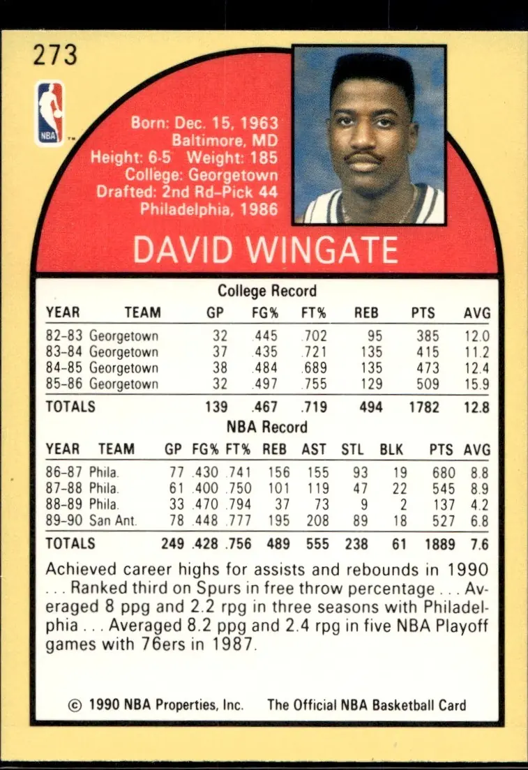 1990-91 NBA Hoops #273 David Wingate (back)