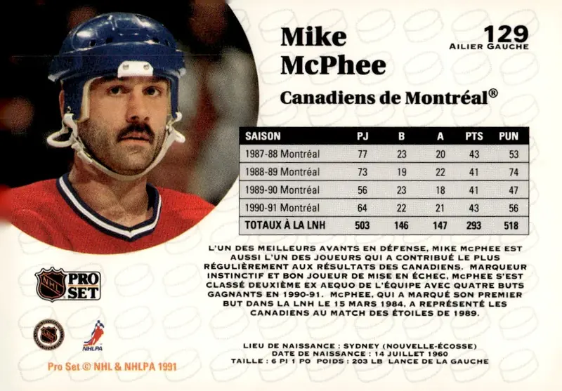 1991-92 Pro Set (Series 1) #129 Mike McPhee – French edition (back)