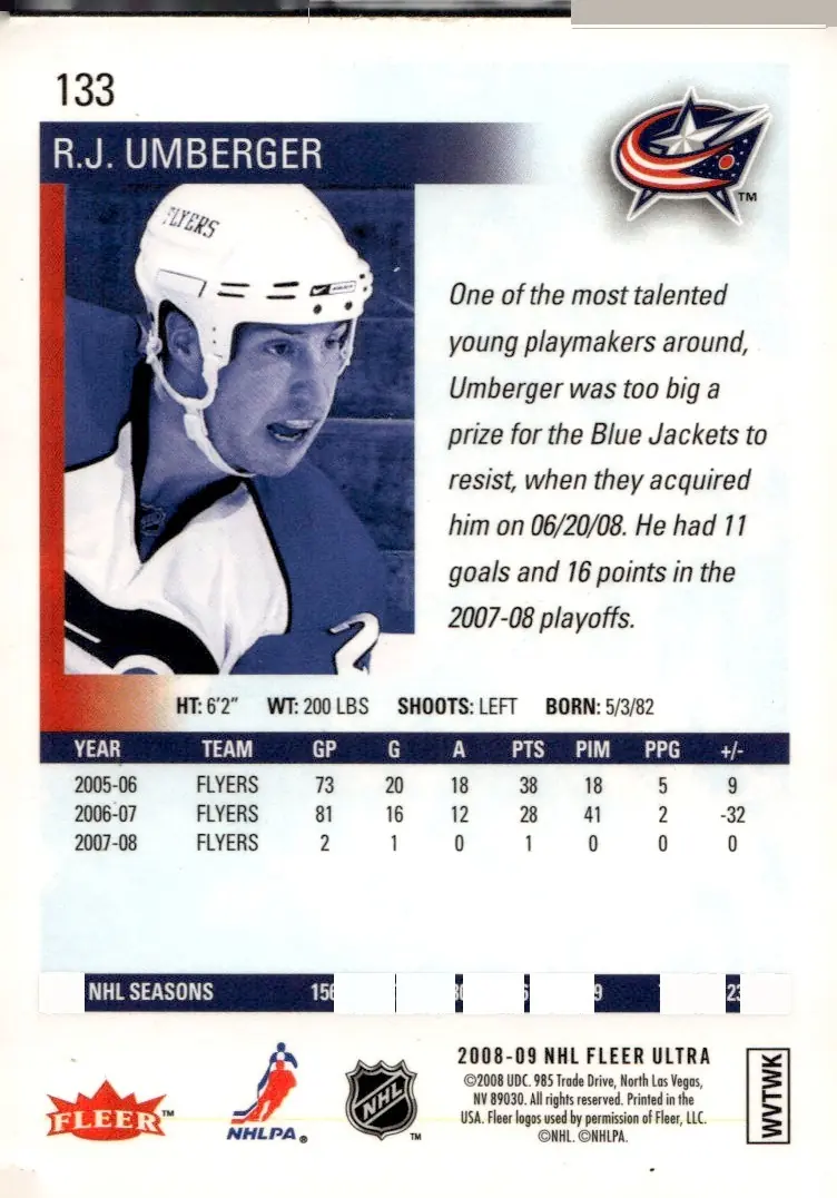 2008-09 Fleer Ultra #133 R.J. Umberger – Gold Medallion (back)