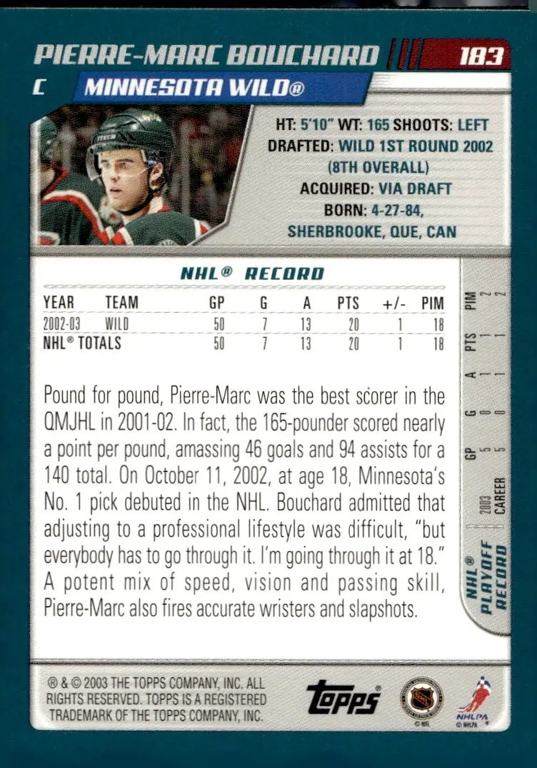 2003-04 Topps #183 Pierre-Marc Bouchard (back)