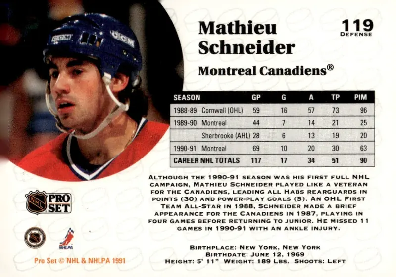 1991-92 Pro Set (Series 1) #119 Mathieu Schneider (back)
