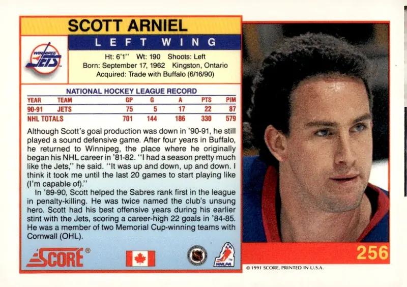 1991-92 Score American #256 Scott Arniel (back)