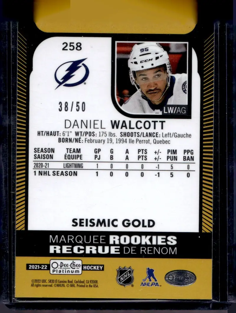2021-22 O-Pee-Chee Platinum #258 Daniel Walcott – Seismic Gold (back)