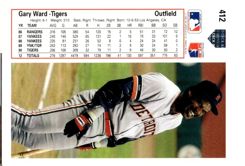 1991 Upper Deck #412 Gary Ward (back)