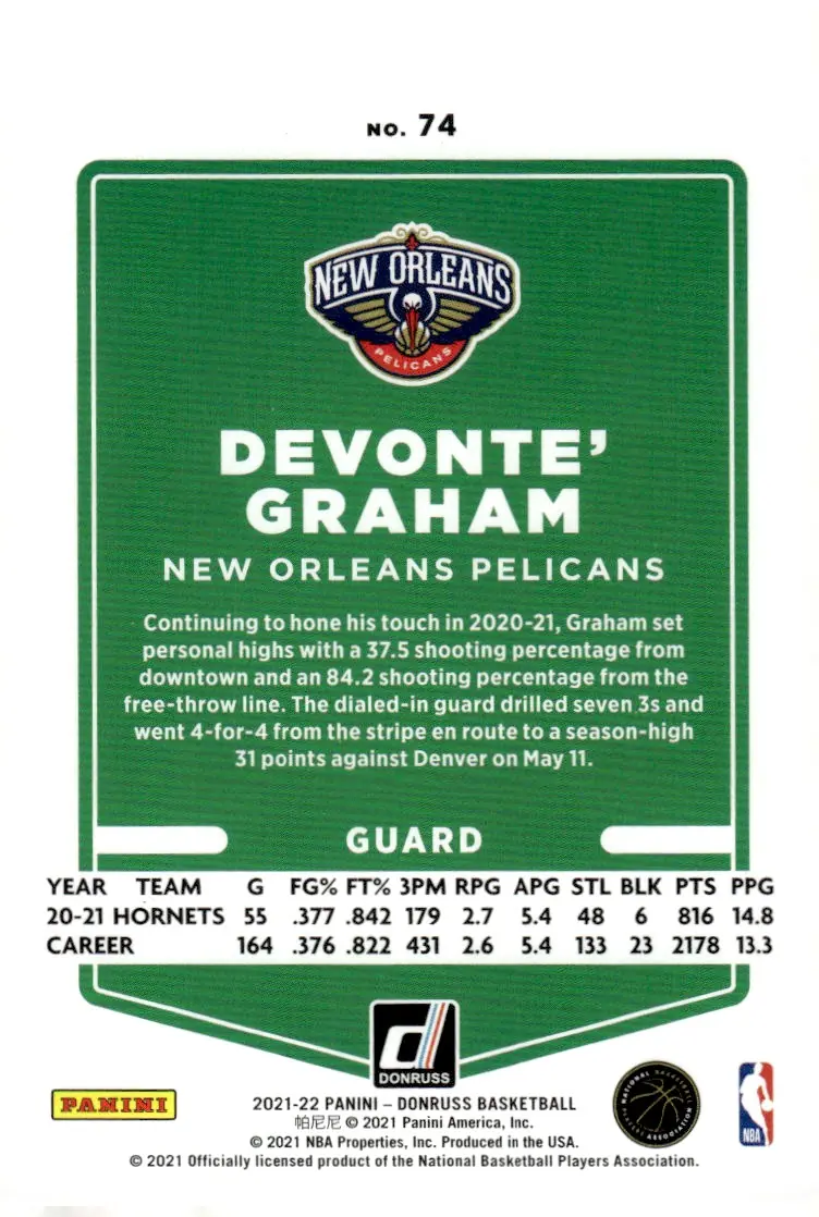 2021-22 Donruss Basketball #74 Devonte' Graham (back)