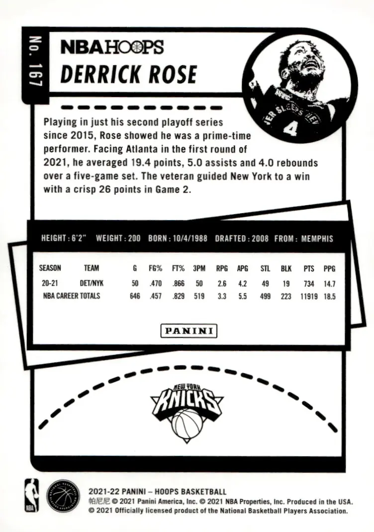 2021-22 NBA Hoops #167 Derrick Rose (back)