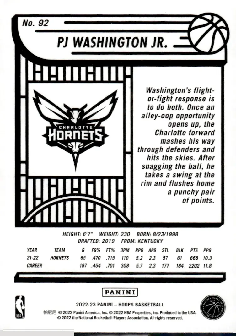 2022-23 NBA Hoops #92 PJ Washington Jr. (back)