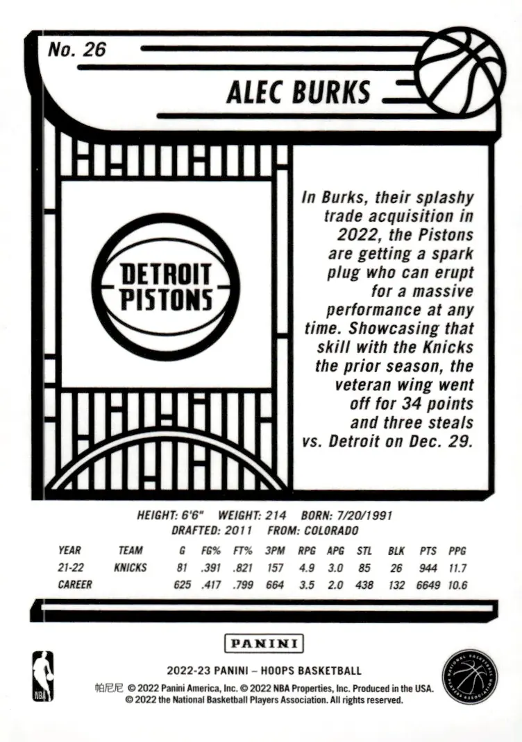 2022-23 NBA Hoops #26 Alec Burks (back)
