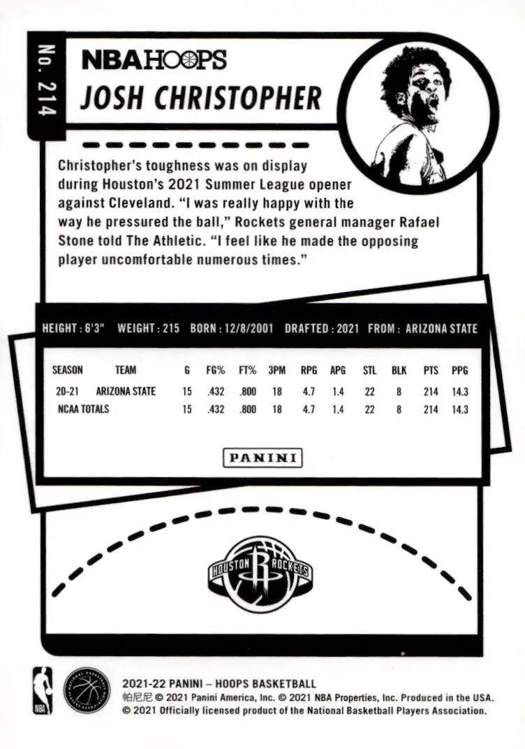 2021-22 NBA Hoops #214 Josh Christopher (back)
