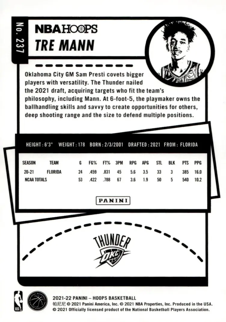 2021-22 NBA Hoops #237 Tre Mann (back)