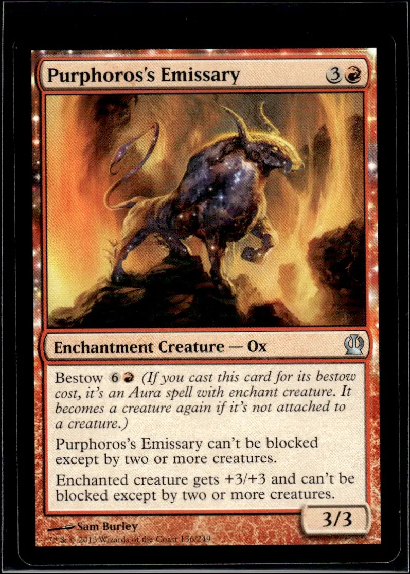 2013 Theros (THS) #136/249 Purphoros's Emissary (Enchantment Creature — Ox); art by Sam Burley – Foil (front)