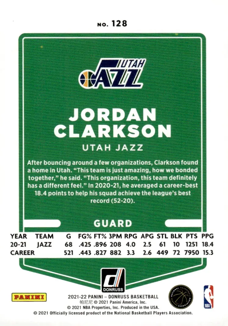 2021-22 Donruss #128 Jordan Clarkson (back)