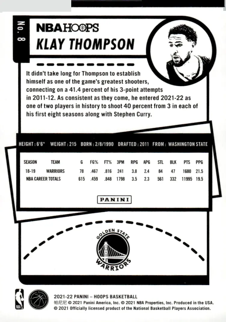 2021-22 NBA Hoops #8 Klay Thompson (back)