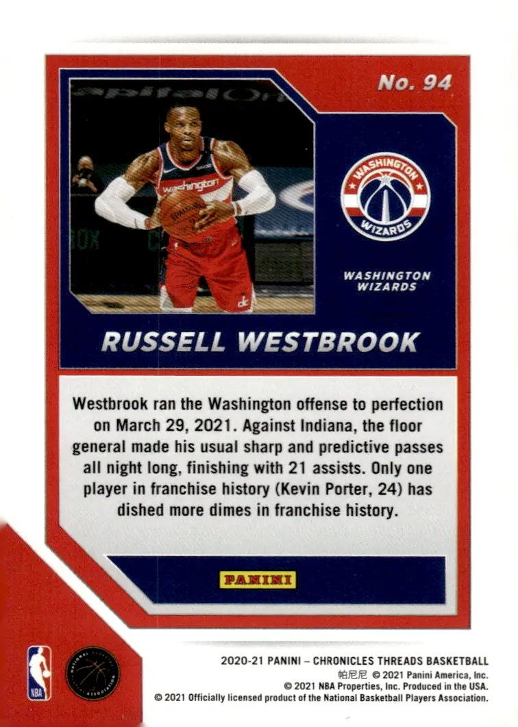 2020-21 Panini Chronicles Basketball #94 Russell Westbrook (back)