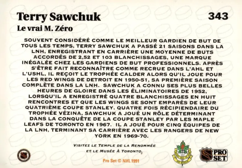1991-92 Pro Set (French edition) #343 Terry Sawchuk – French-language edition (back)
